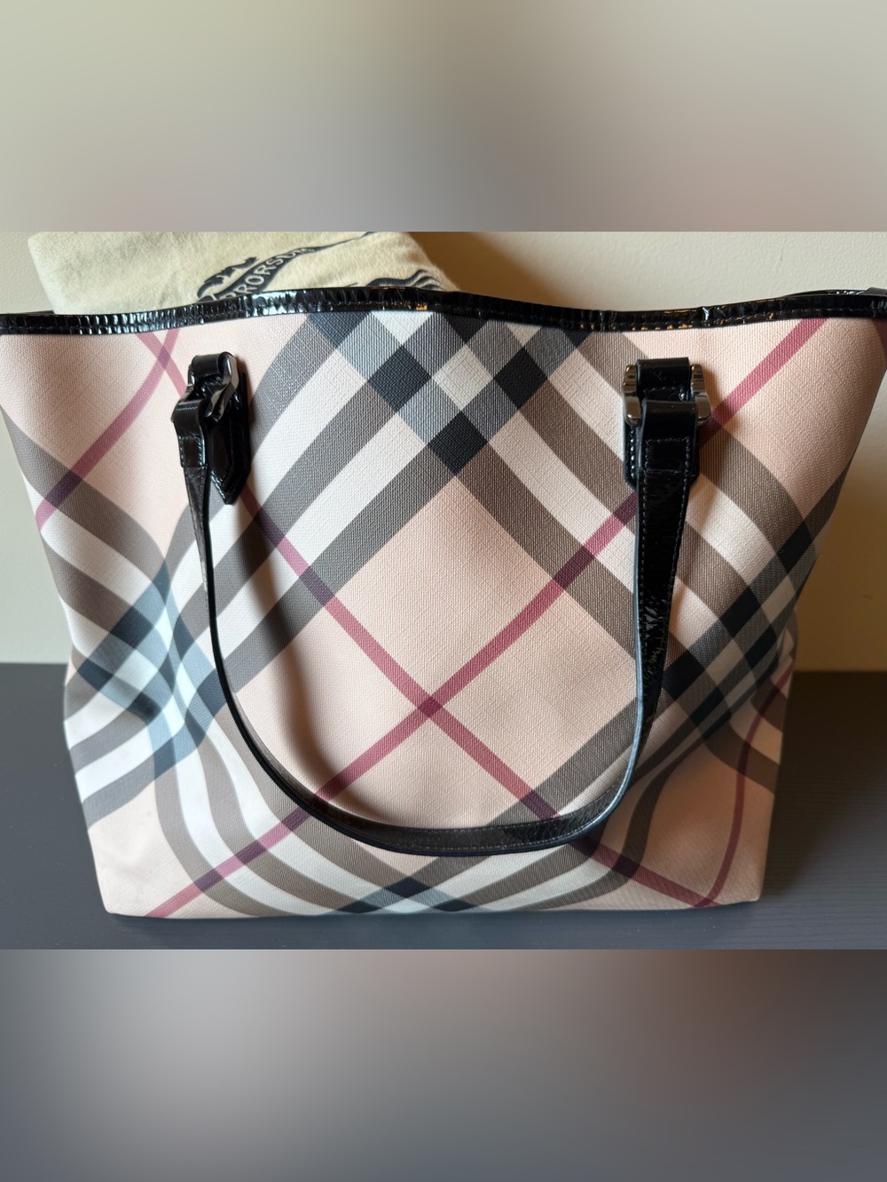 Burberry Nova Classic Check Tote Bag in Pink Plaid with Black Trim
